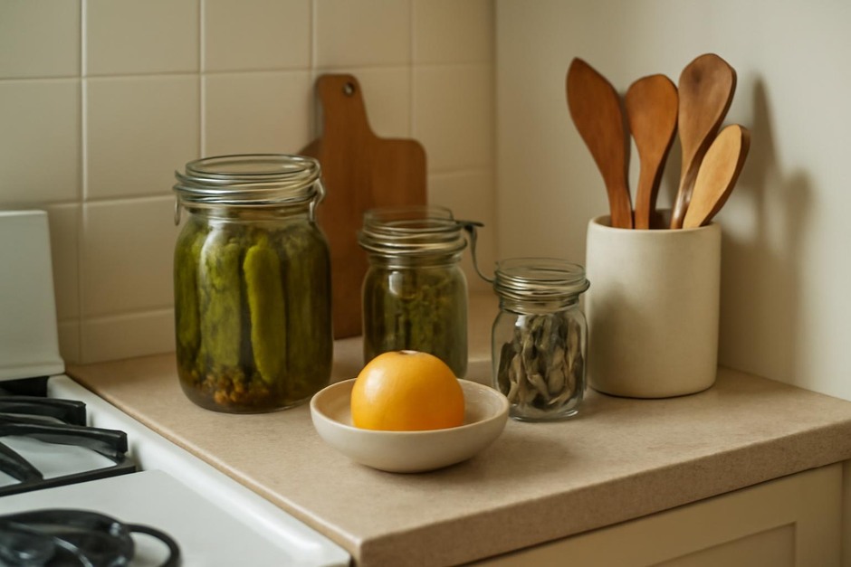 A small kitchen counter with jars of pickles, dried herbs, and a lemon in a bowl
