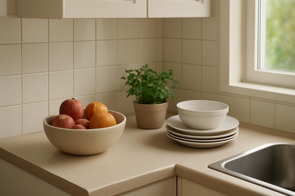 A tidy small kitchen counter with a bowl of fruit and a small plant beside neatly stacked dishes