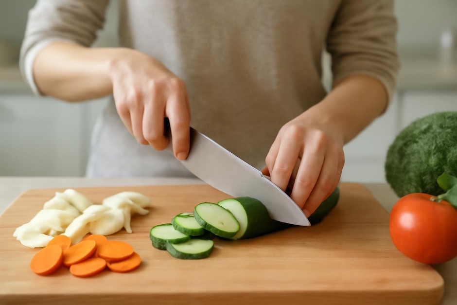 Hands using a chef's knife to slice vegetables on a cutting board