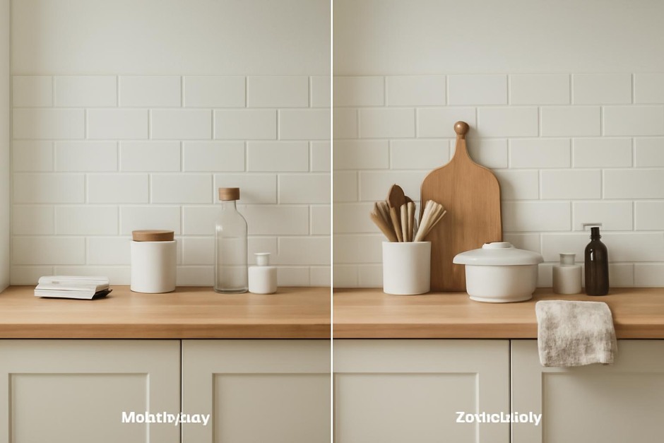 Two small kitchen counters organized differently