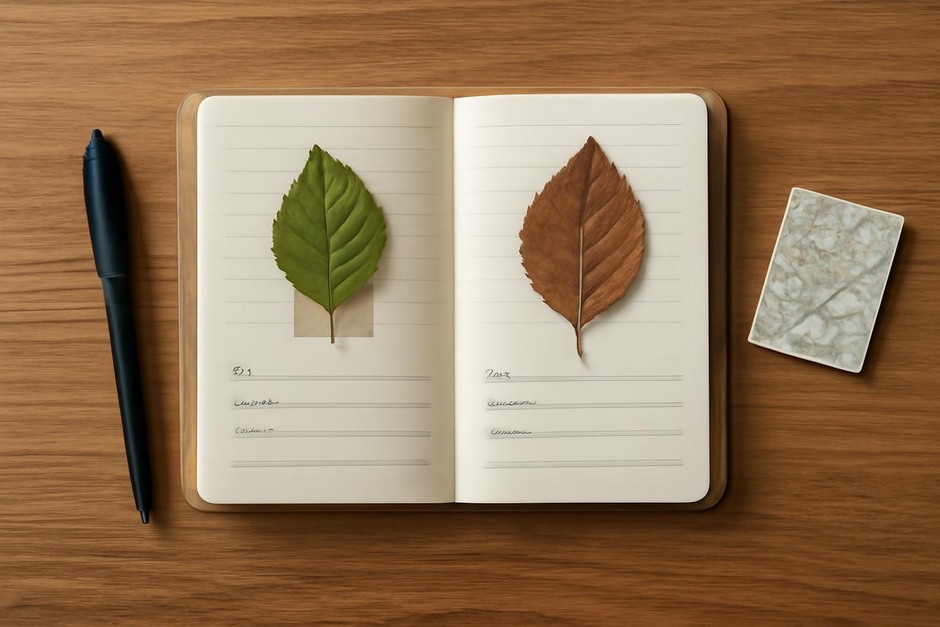 Pocket nature journal open with pen, leaf specimens, and a small folded map on a wooden surface