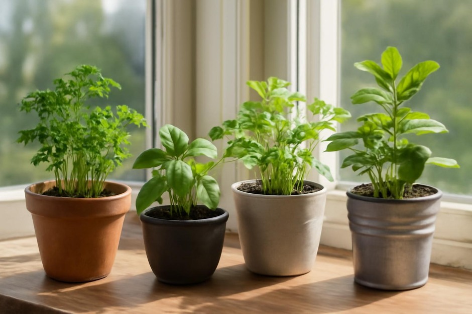 Sunlit windowsill with small pots of herbs